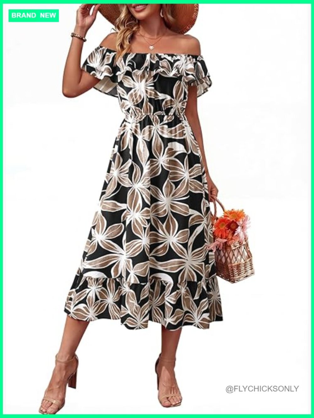 Rayon-Nylon Boho Floral Midi Dress Ruffle Flowy A-Line Sundress